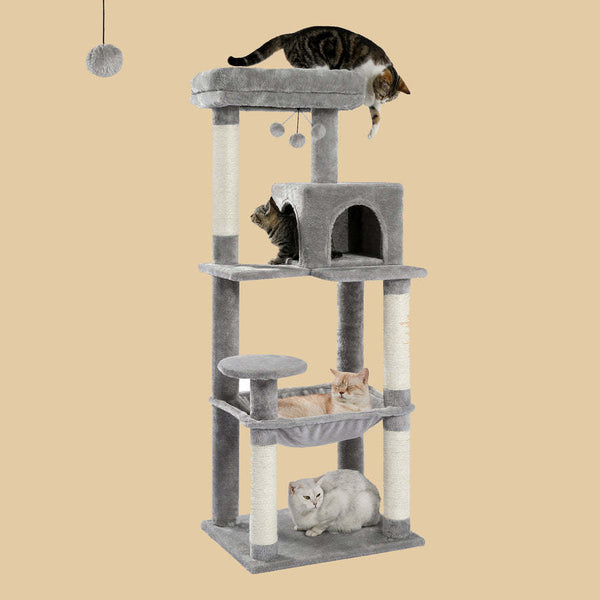 56.3-inch High Indoor Cat Tree, Multi-level Cat Tower With Oversized Hammock, Scratch Column Covered With Sisal, Comfortable Apartment And Top-notch Bass Gray, Color Gray