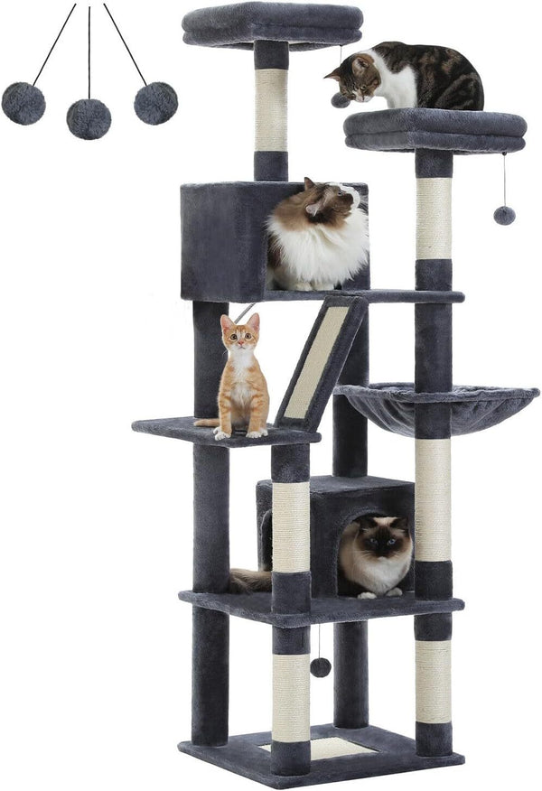 PAWZ Road 180cm Large Cat Tree For Indoor Cats, Multi-Level Cat Tower Cat Scratching Post With 2 Perches, 2 Condos, Hammock And 2 Pompoms Grey